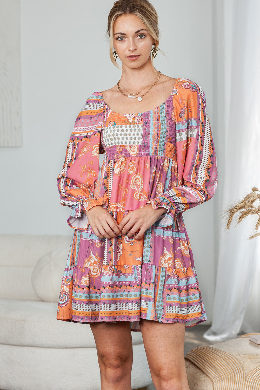 Printed Scoop Neck Flounce Sleeve Dress