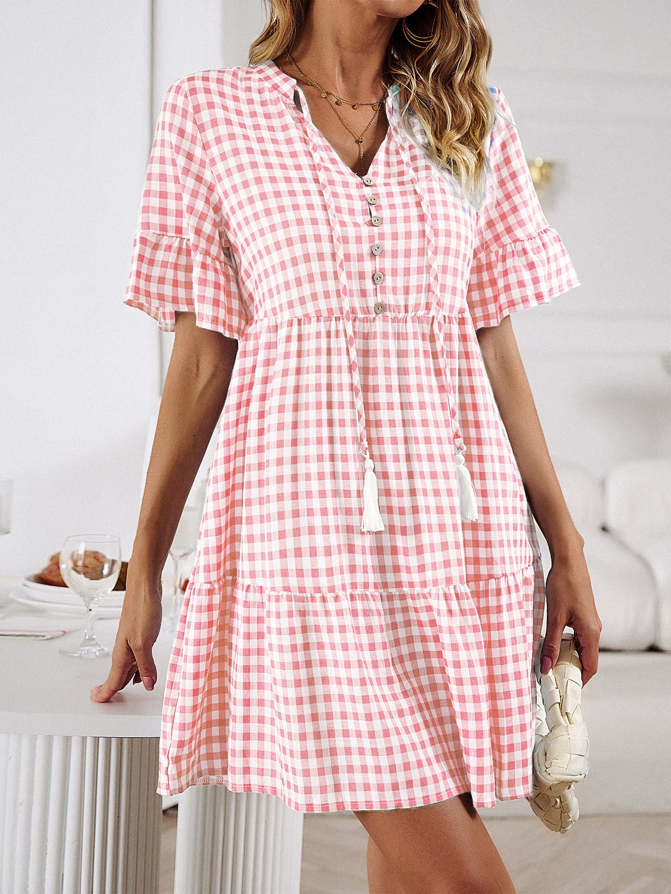 buttoned mini dress Plaid Flounce Sleeve Buttoned Mini Dress – Jupiter Blu Boutique