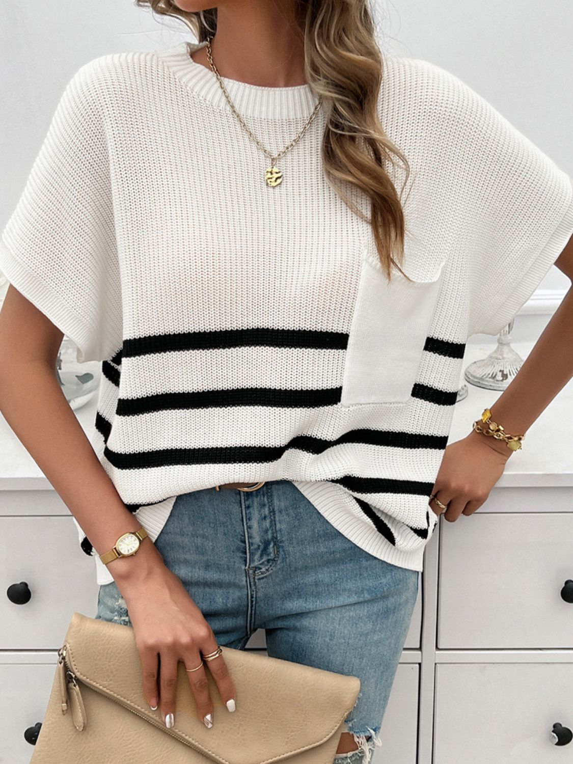 Striped Round Neck Short Sleeve Sweater