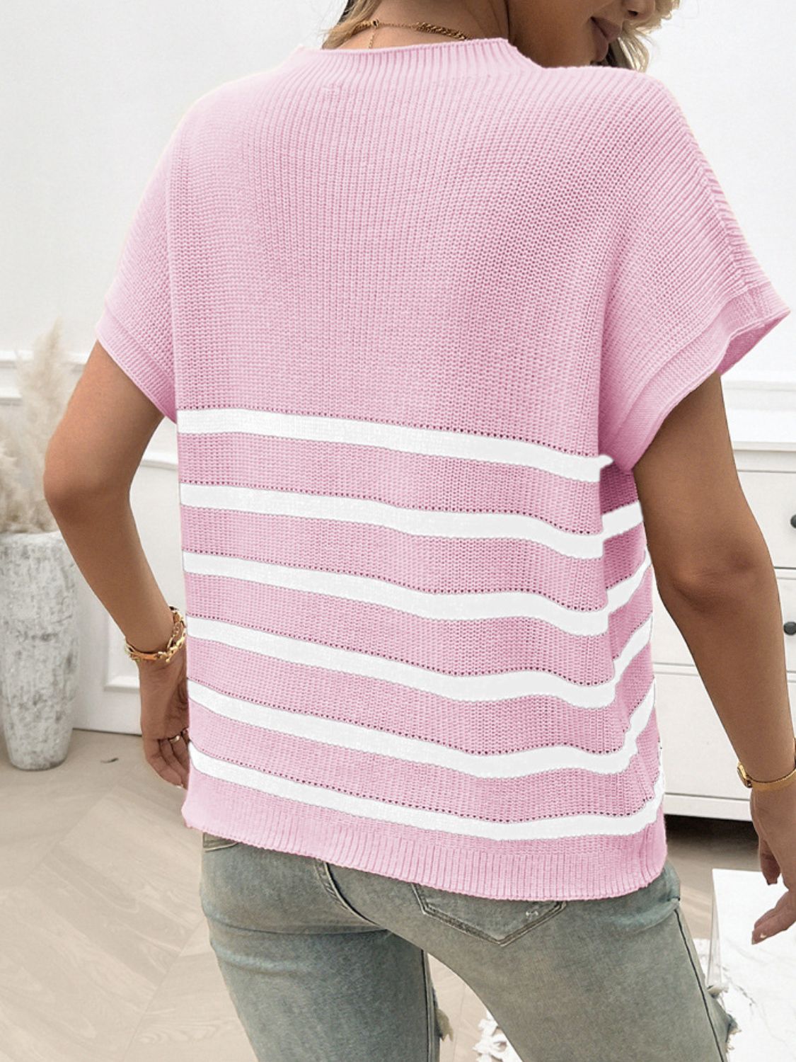 Striped Round Neck Short Sleeve Sweater