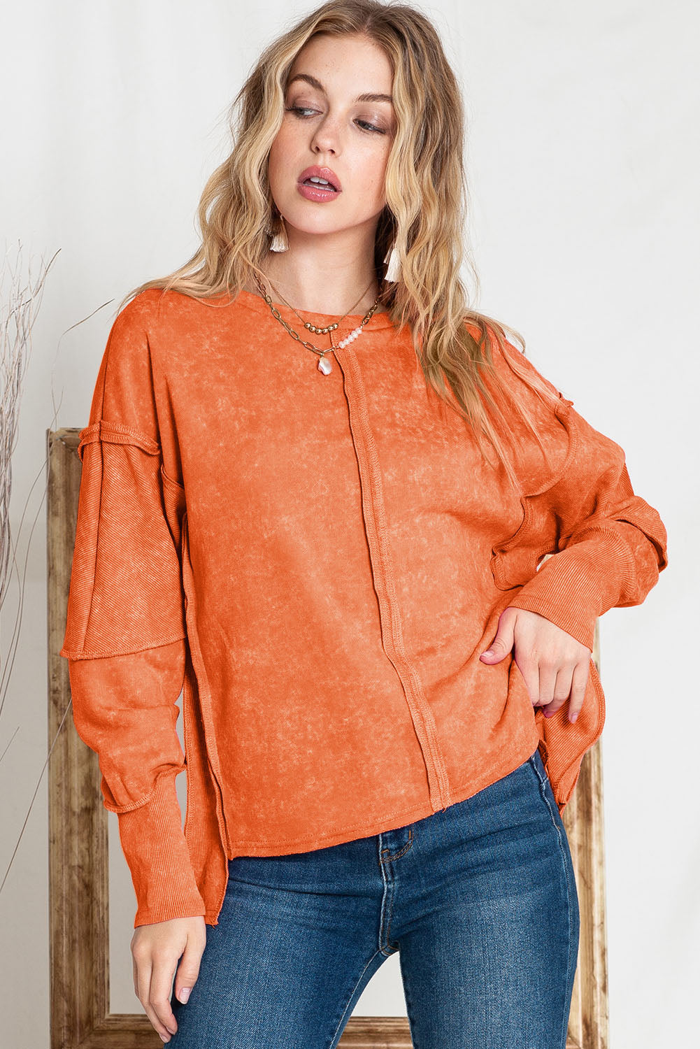 Exposed Seams Round Neck Dropped Shoulder Sweatshirt