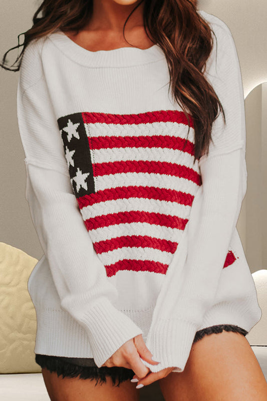 US Flag Round Neck Long Sleeve Knit Top