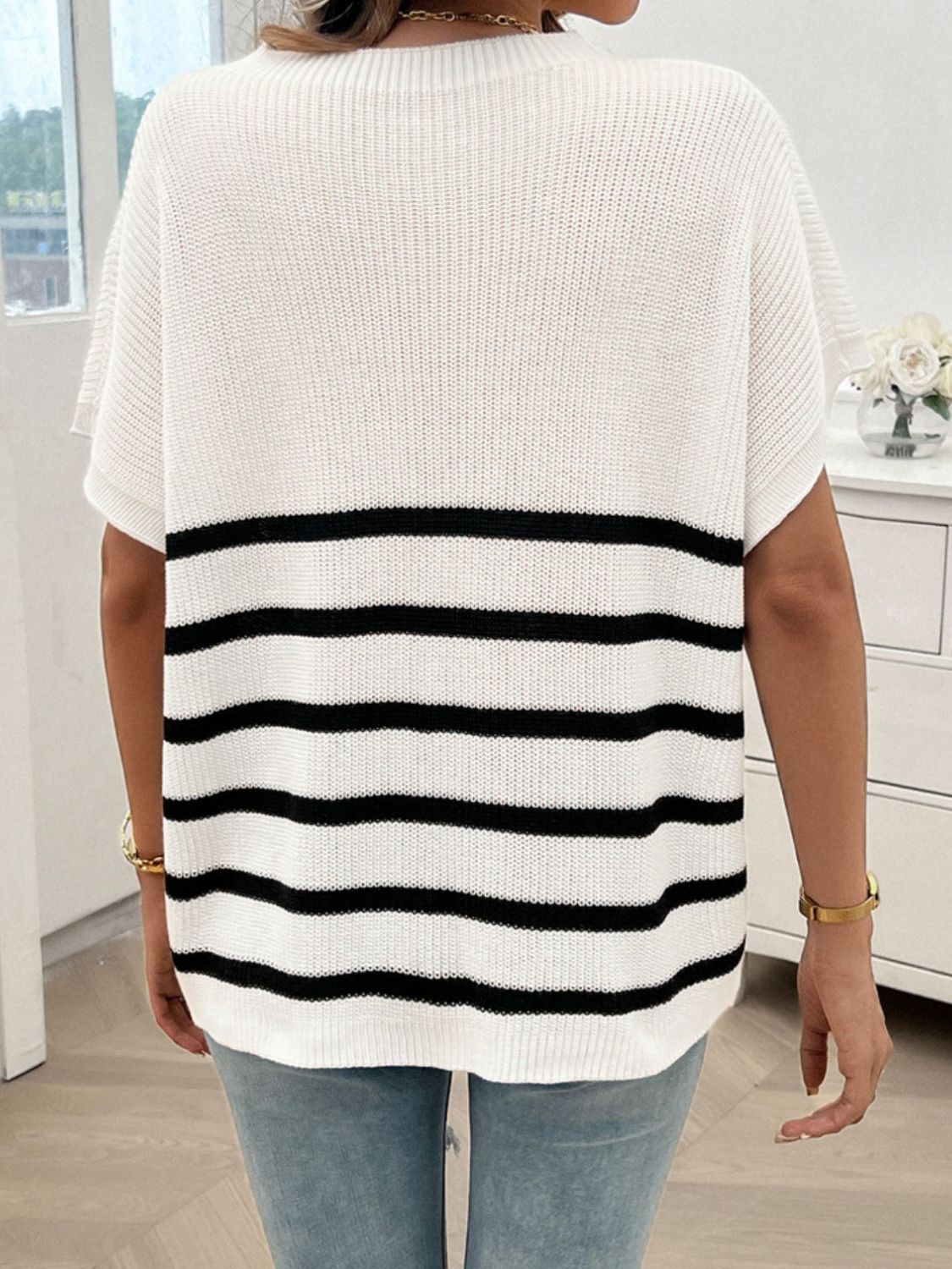 Striped Round Neck Short Sleeve Sweater