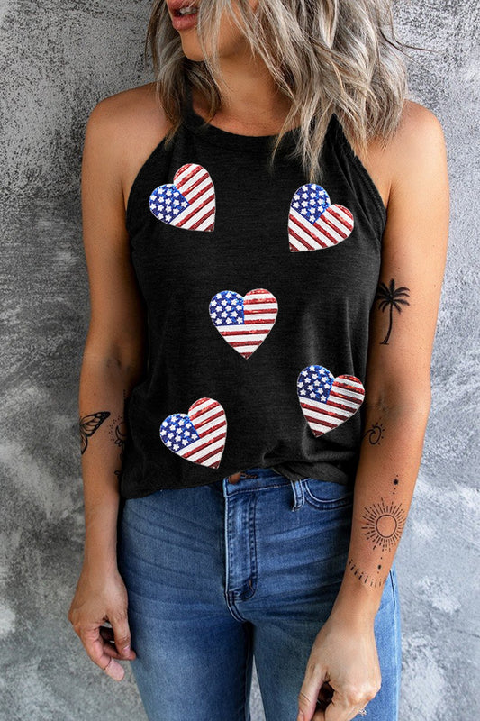 Heart US Flag Round Neck Grecian Neck Tank