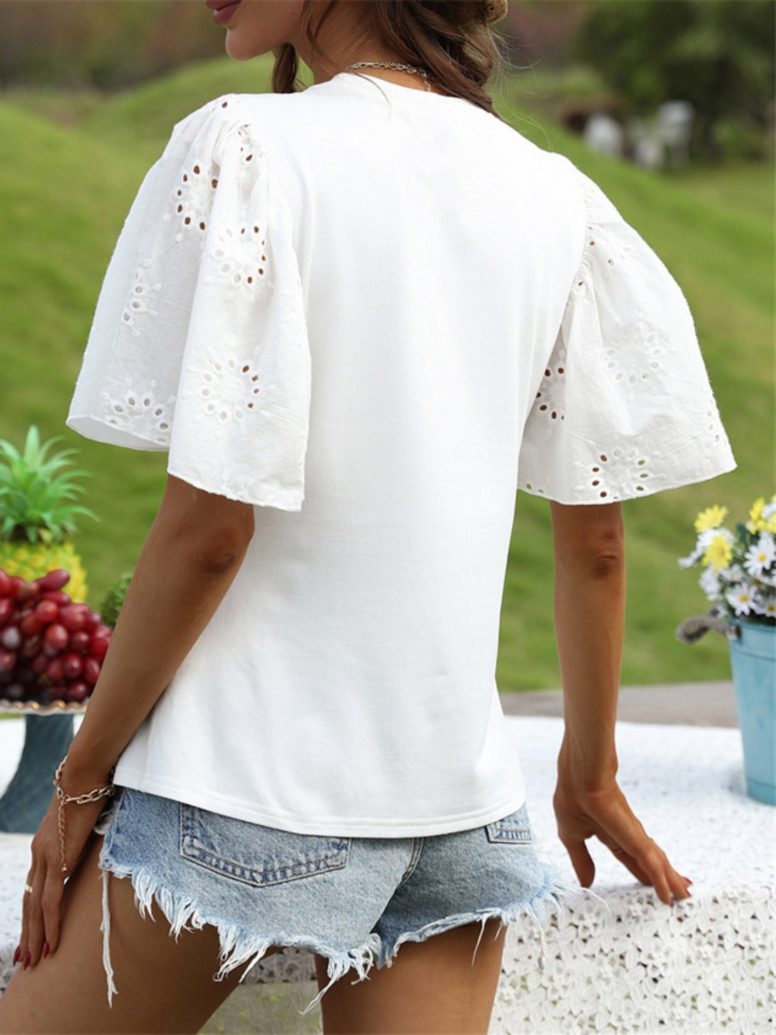 Eyelet Round Neck Half Sleeve Blouse