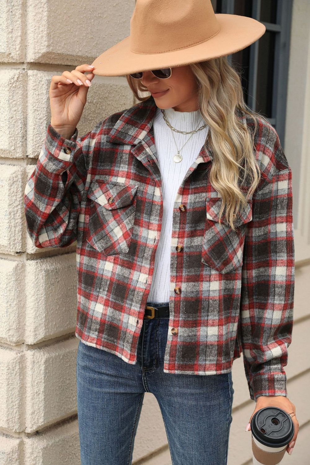 Pocketed Plaid Collared Neck Dropped Shoulder Jacket