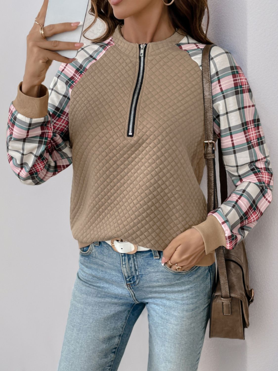 Perfee Plaid Half Zip Long Sleeve Texture Sweatshirt