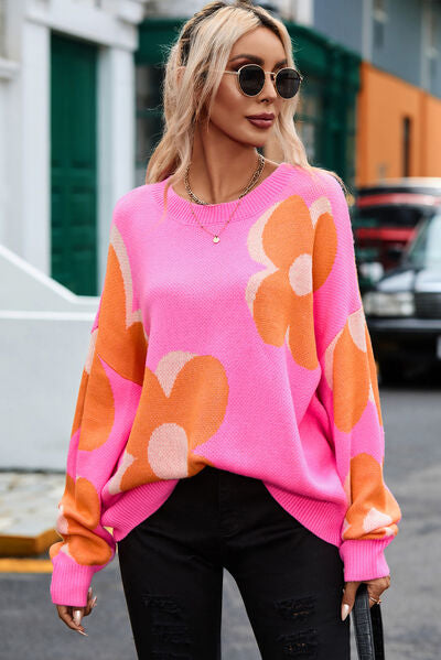 Flower Round Neck Dropped Shoulder Sweater