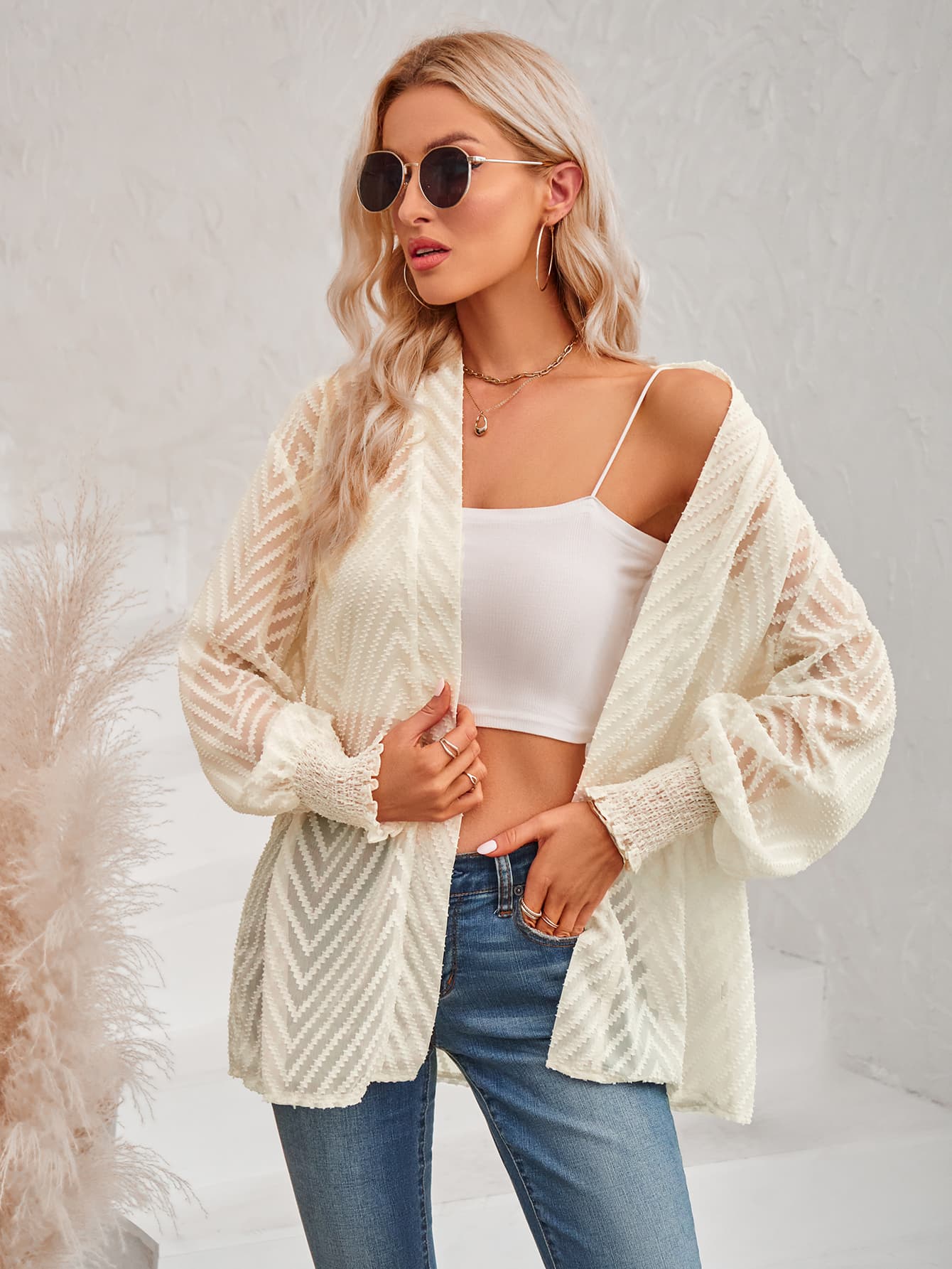 Lantern Sleeve Open Front Sheer Cardigan