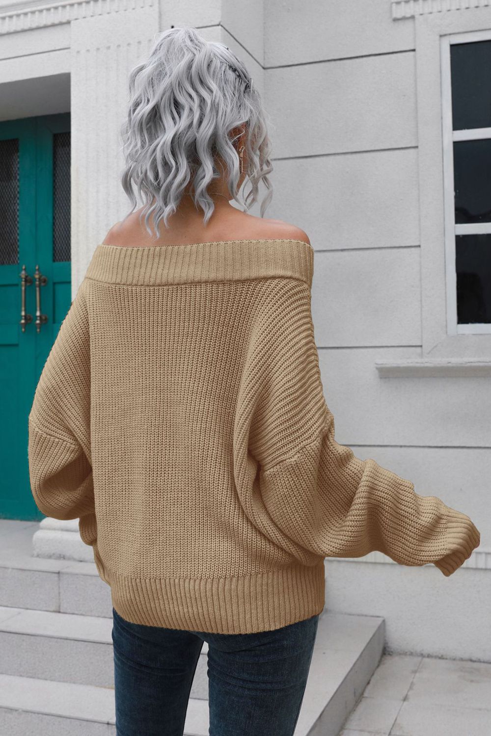 Off Shoulder Ribbed Long Sleeve Pullover Sweater Jupiter Blu