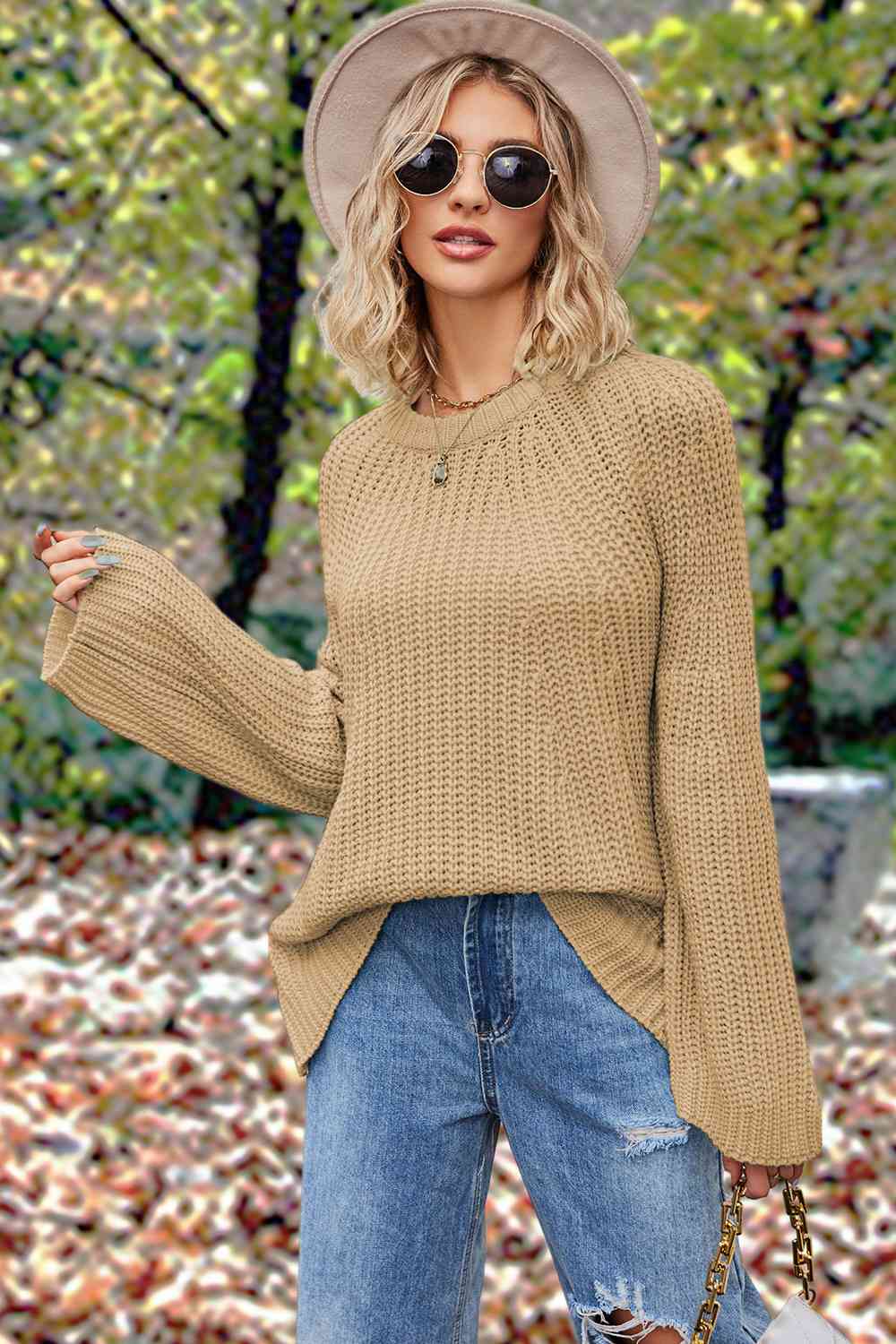 Openwork Round Neck Long Sleeve Sweater