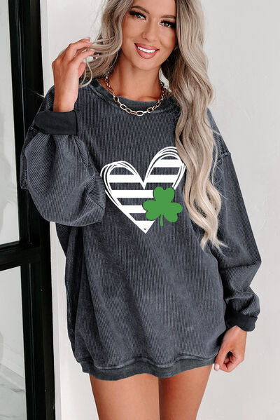 Heart Lucky Clover Round Neck Dropped Shoulder Sweatshirt