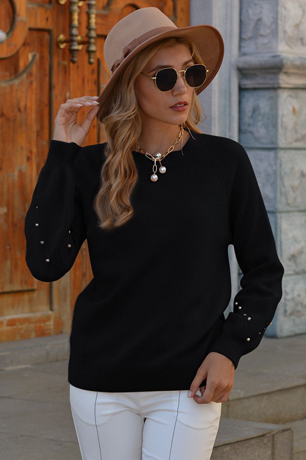 Stud Trim Round Neck Sweater