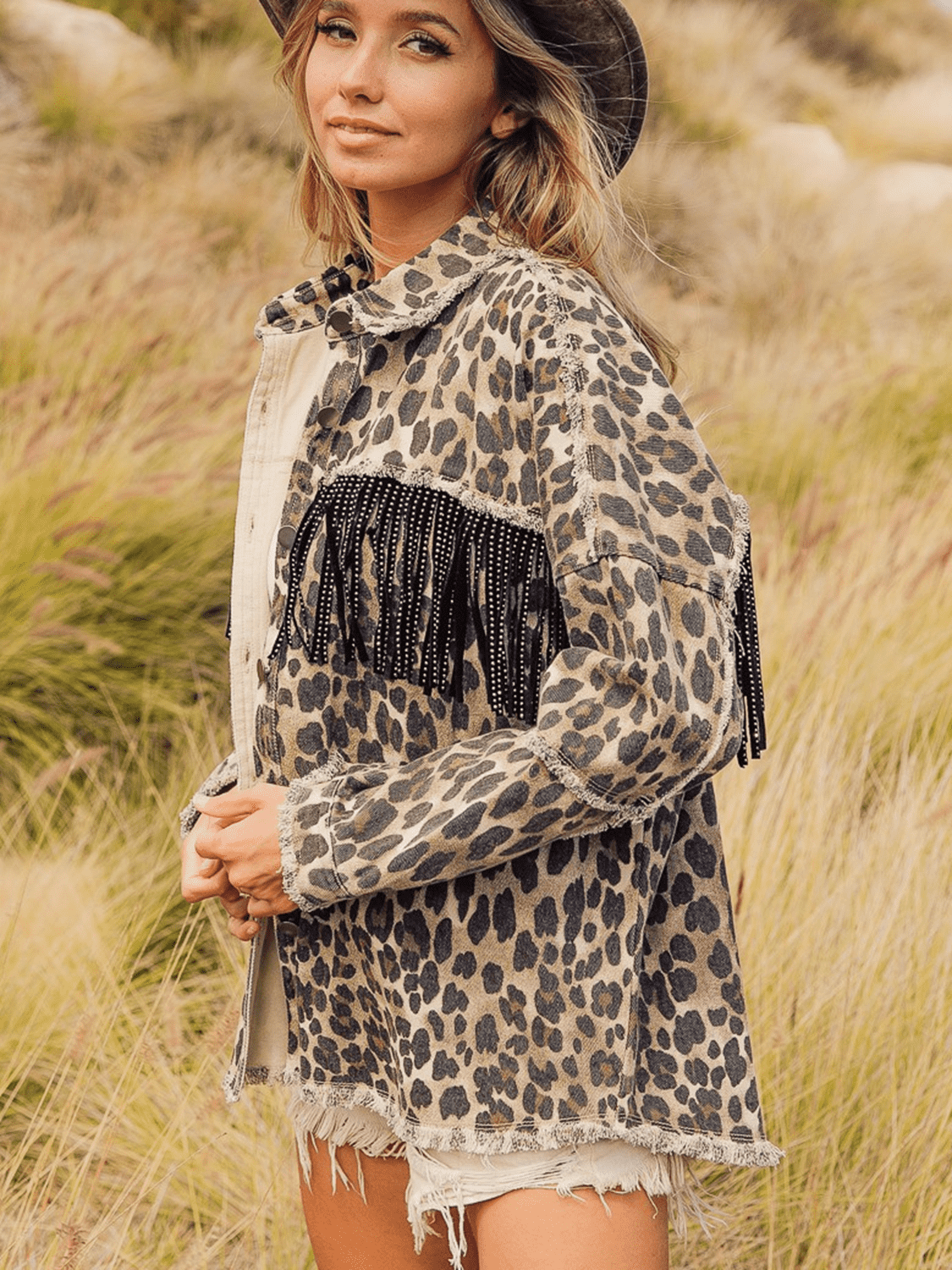 Leopard Fringe Detail Collared Neck Denim Jacket