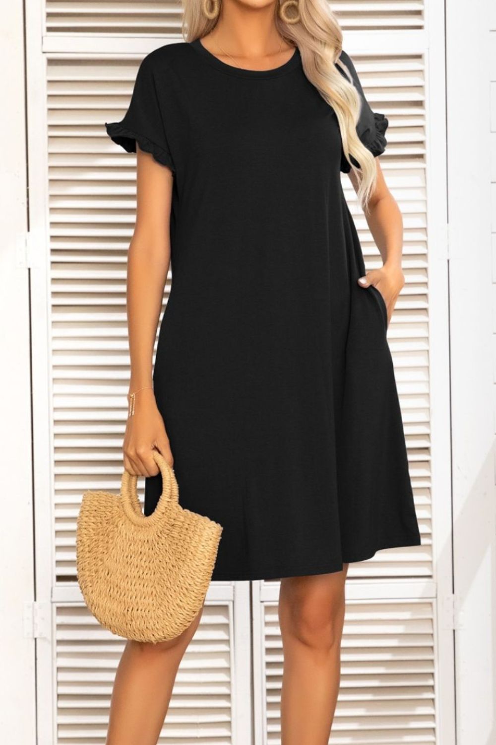 Flounce Sleeve Round Neck Dress with Pockets