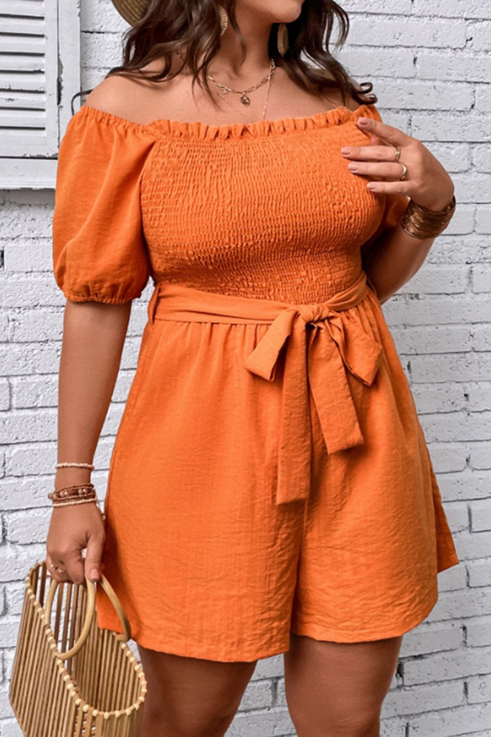 Plus Size Smocked Tie Belt Romper