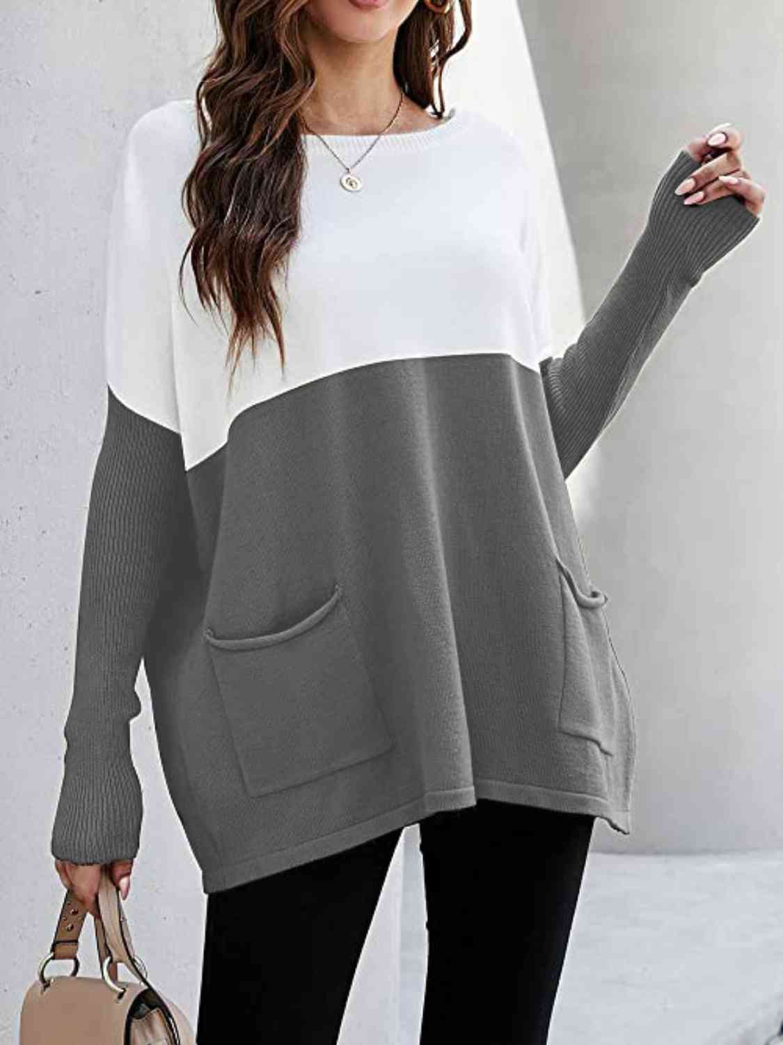 Two Tone Pullover Sweater with Pockets