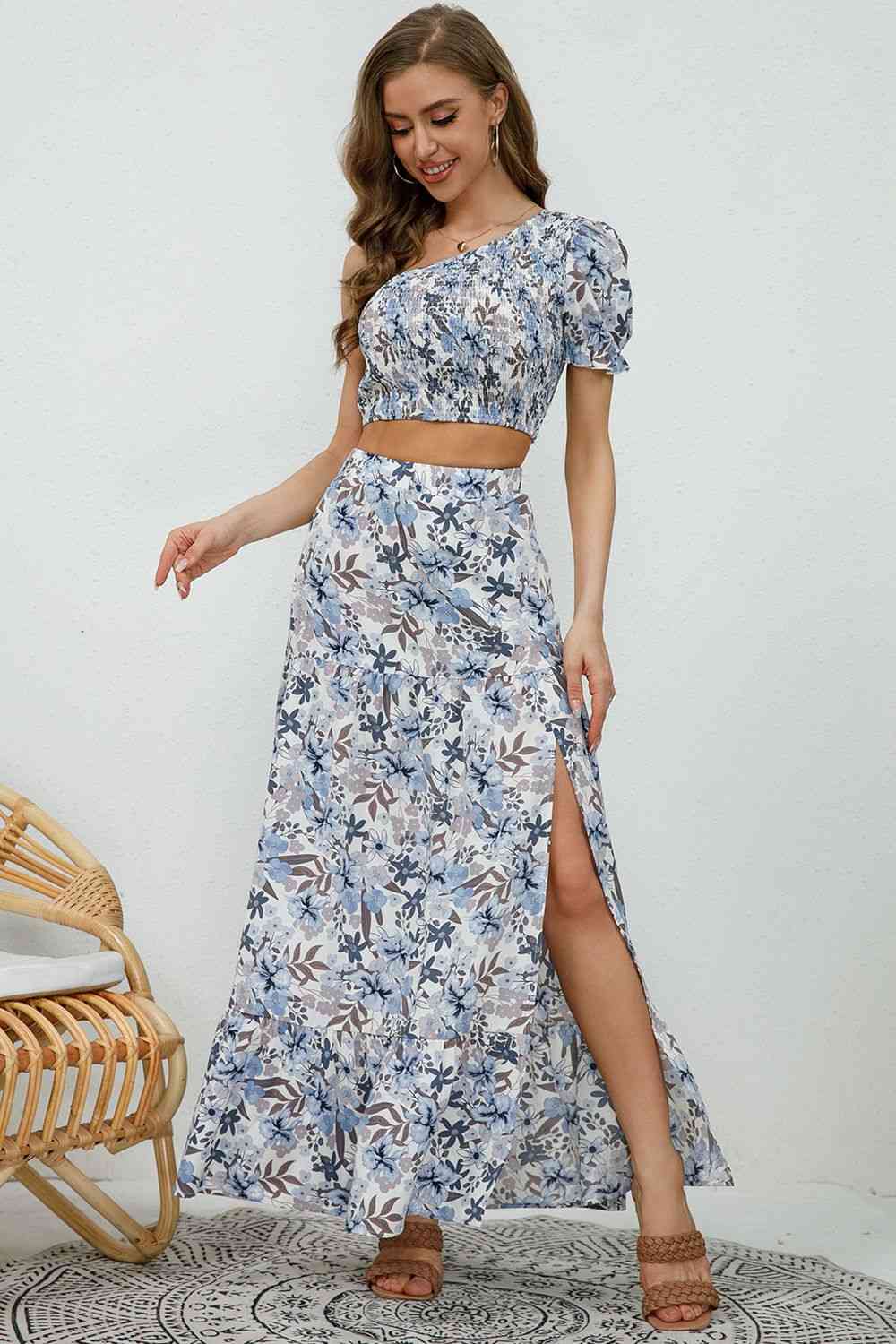 Printed Asymmetrical Cropped Top and Split Skirt Set