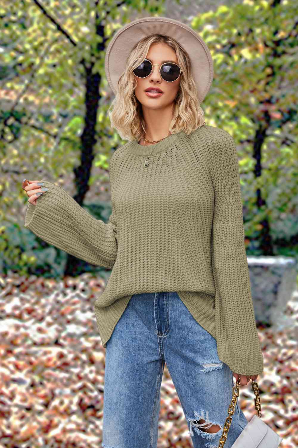 Openwork Round Neck Long Sleeve Sweater