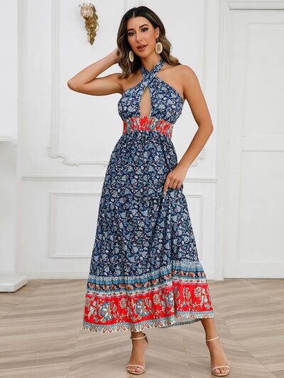 Smocked Printed Halter Neck Dress