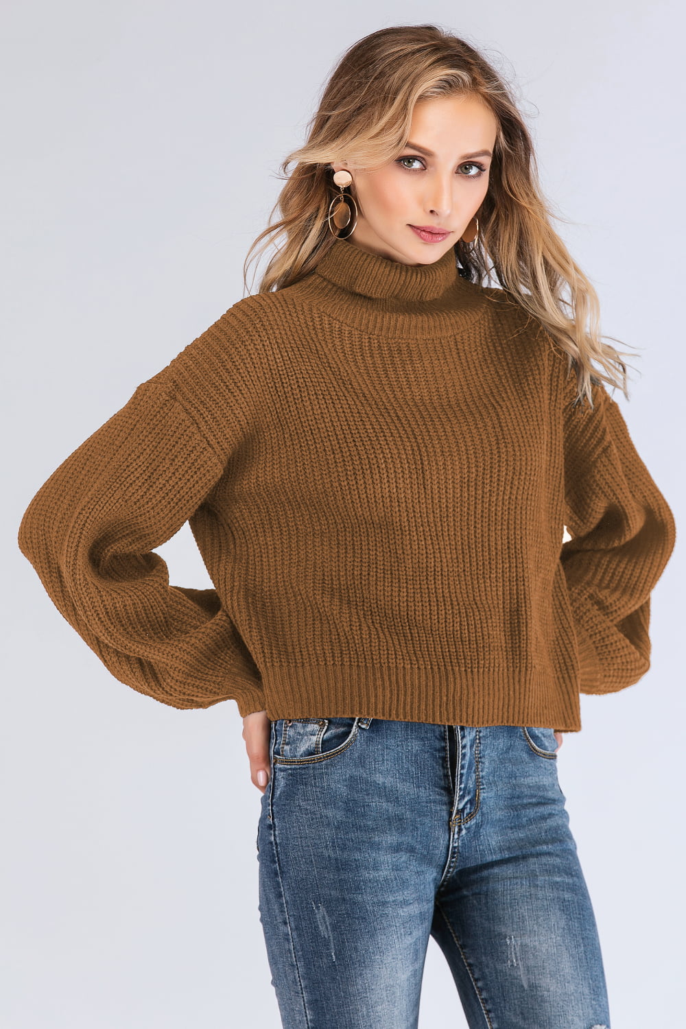 Turtleneck Rib-Knit Dropped Shoulder Sweater