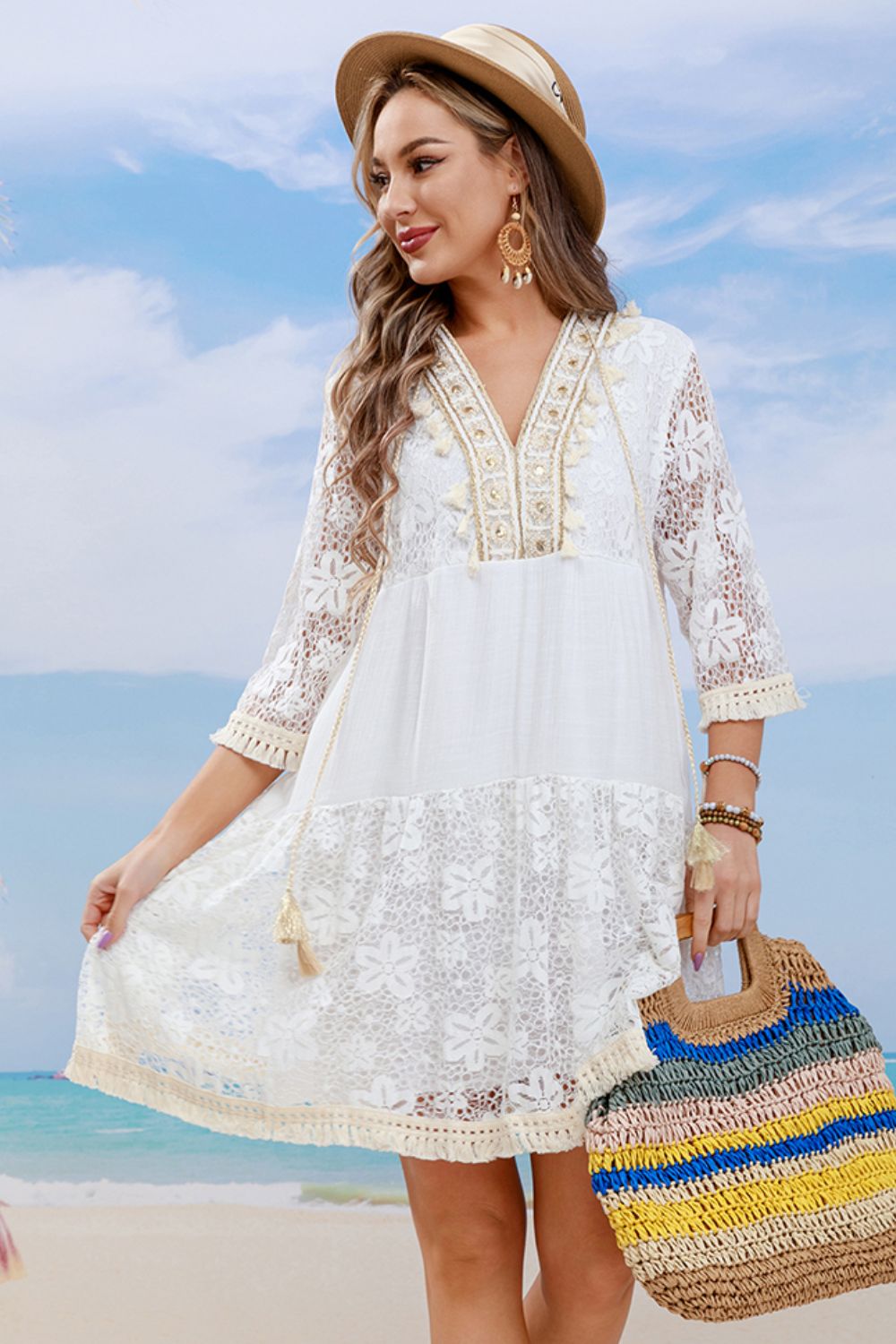 Tassel Spliced Lace Cover Up