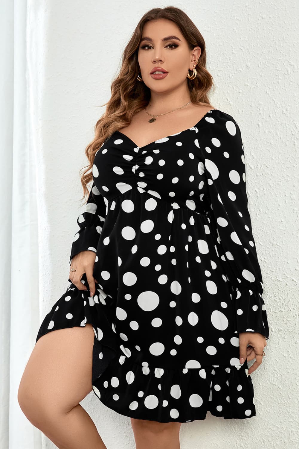 Melo Apparel Plus Size Polka Dot Sweetheart Neck Flounce Sleeve Mini Dress