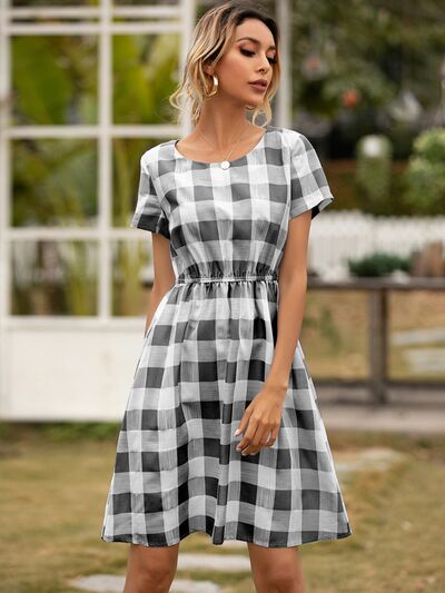 Smocked Plaid Round Neck Short Sleeve Dress