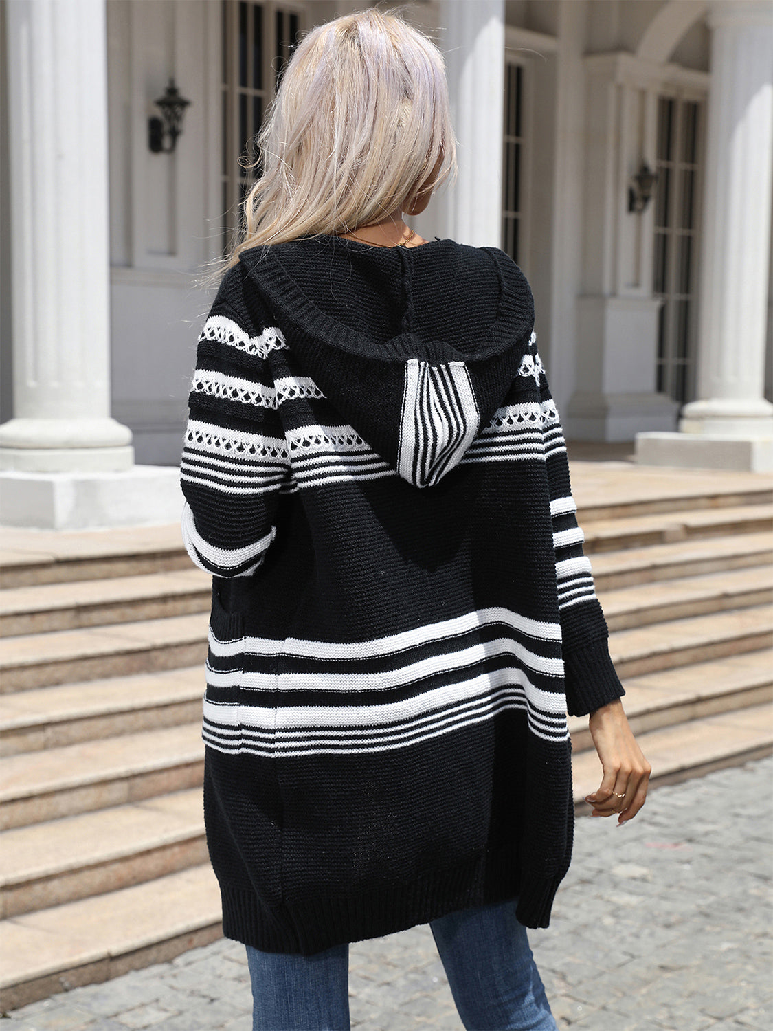 Striped Open Front Hooded Cardigan