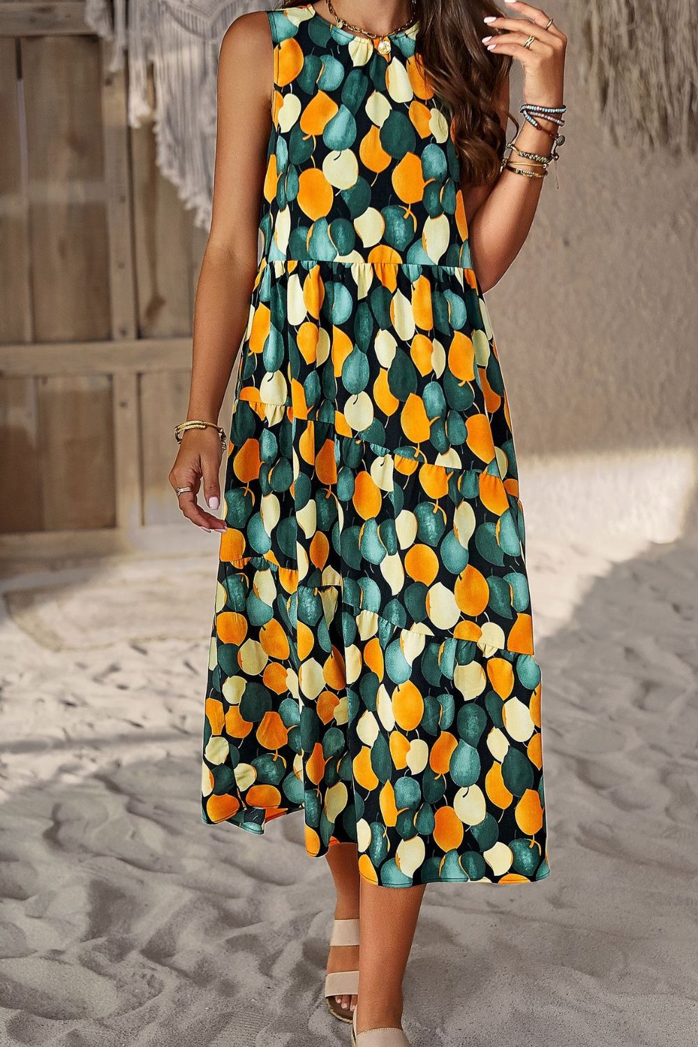 Printed Sleeveless Midi Dress with Pocket