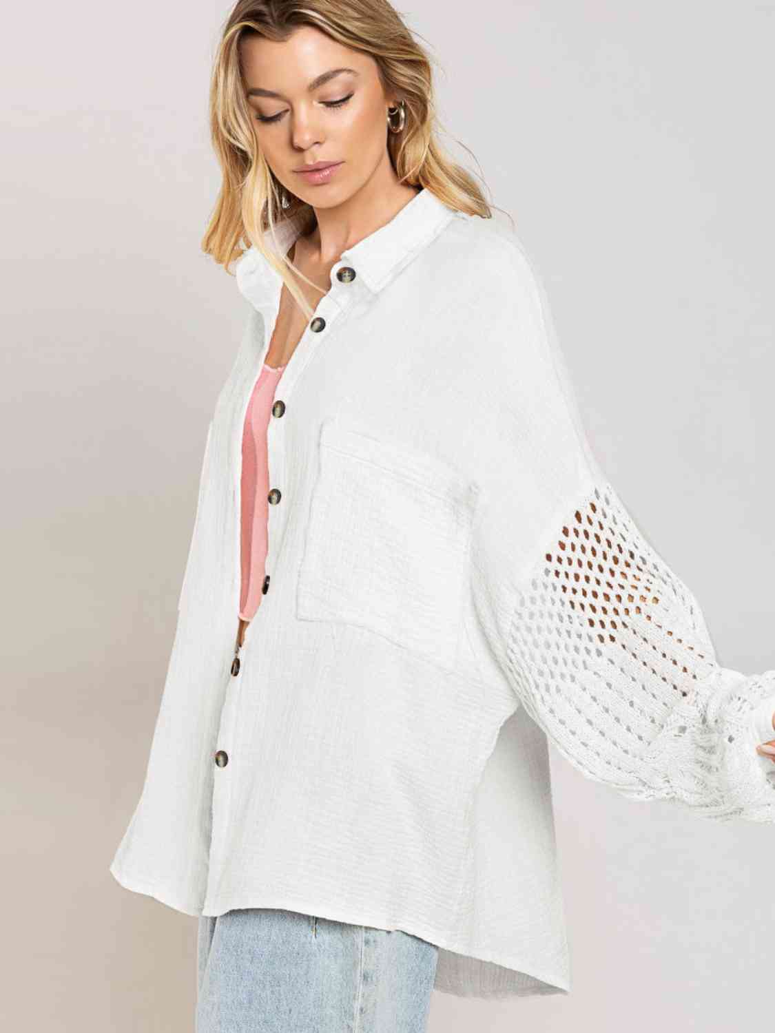 Openwork Collared Neck Button Front Shirt