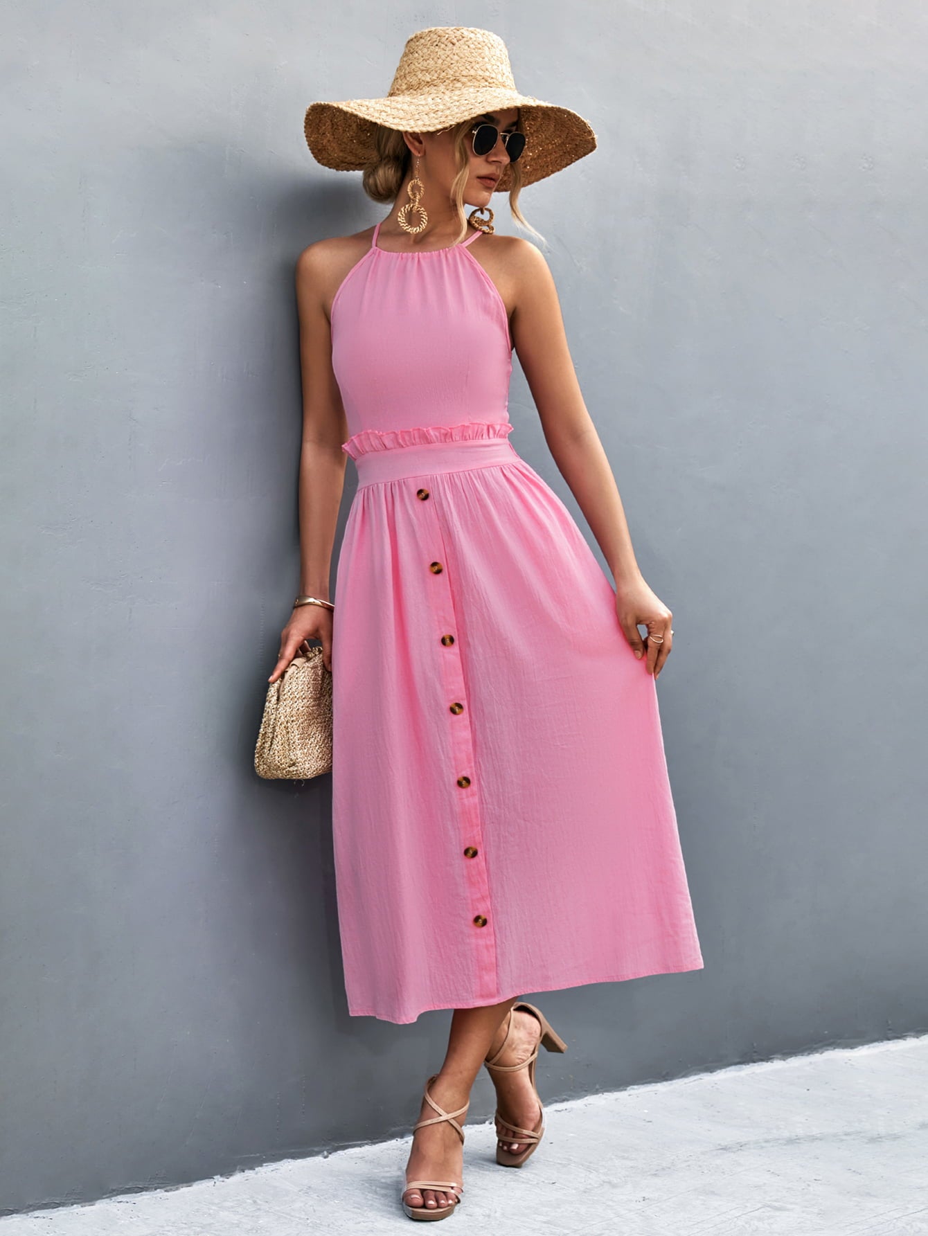 Buttoned Halter Neck Frill Trim Midi Dress