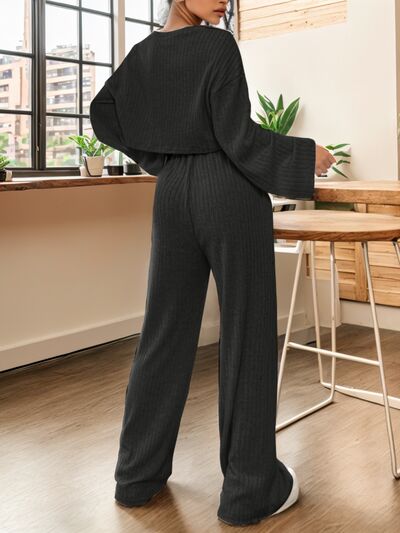 Ribbed Round Neck Top and Drawstring Pants Set