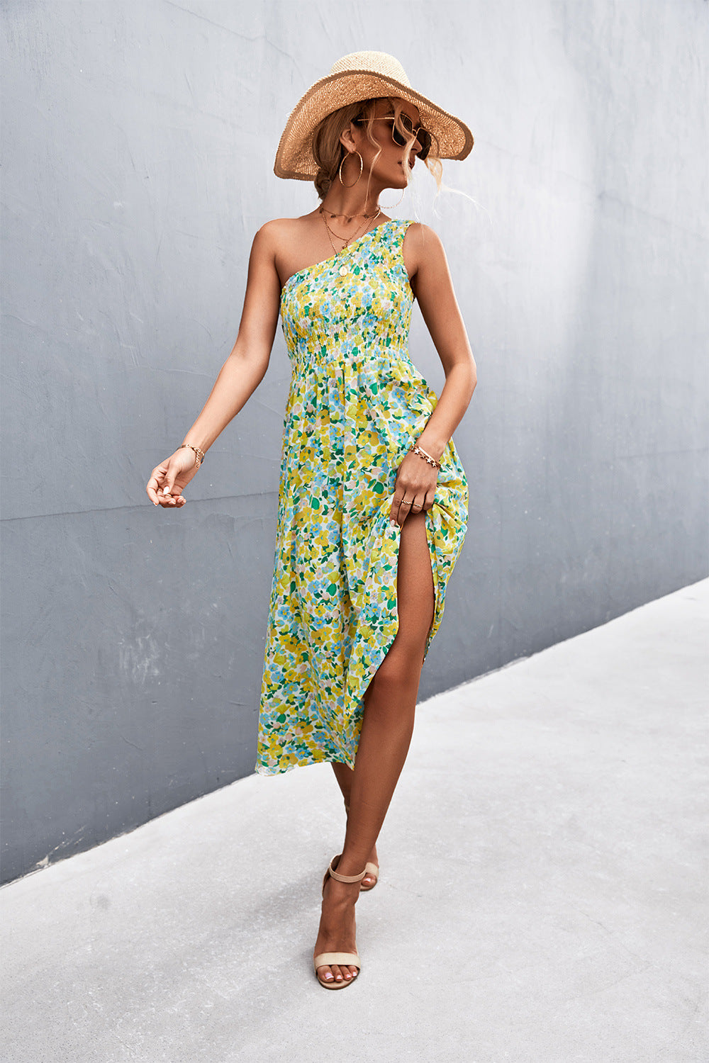 Floral Smocked One-Shoulder Midi Dress