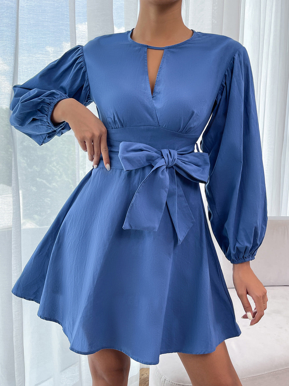 Round Neck Tie Waist Long Sleeve Mini Dress