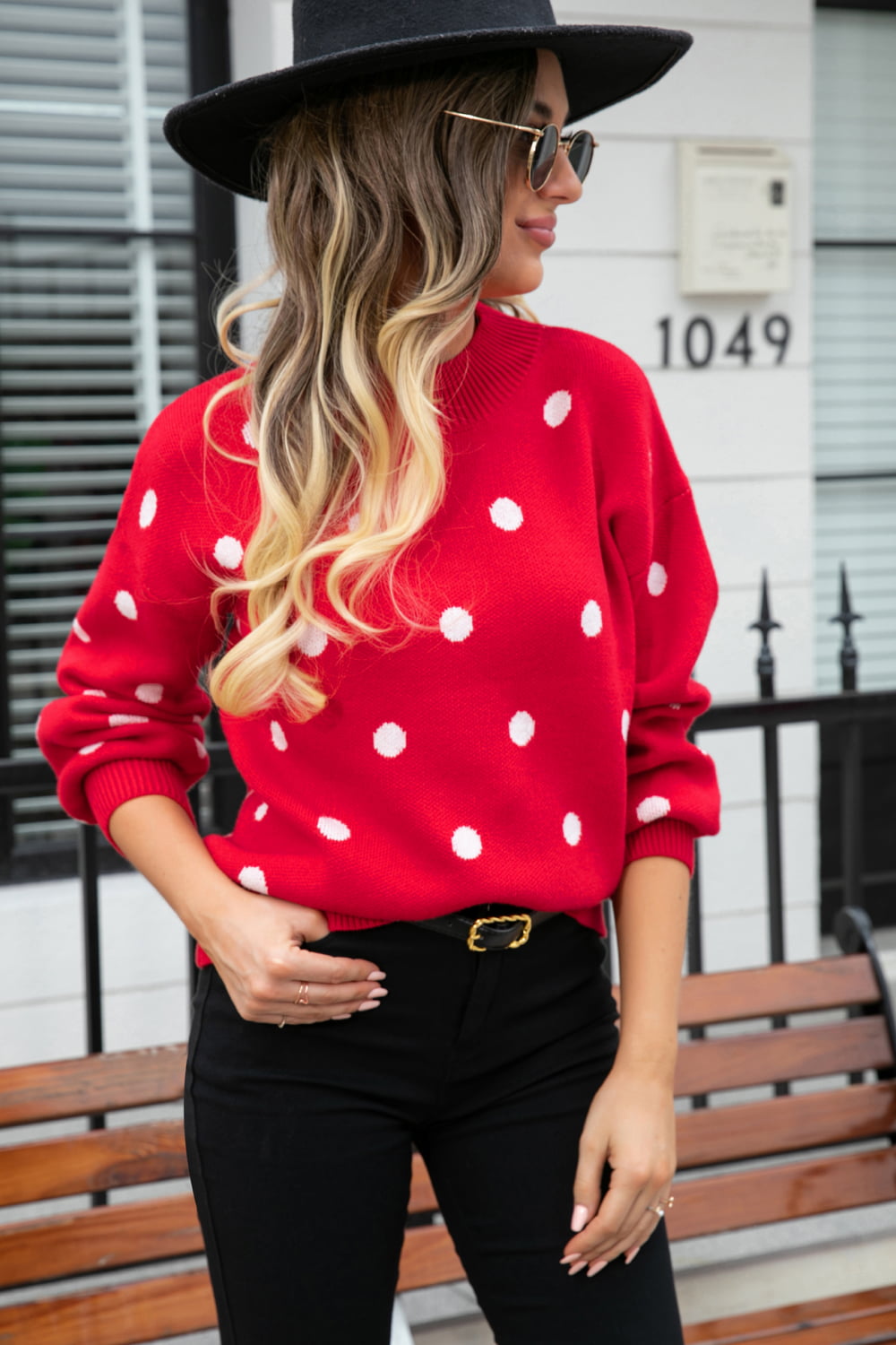 Polka Dot Round Neck Dropped Shoulder Sweater