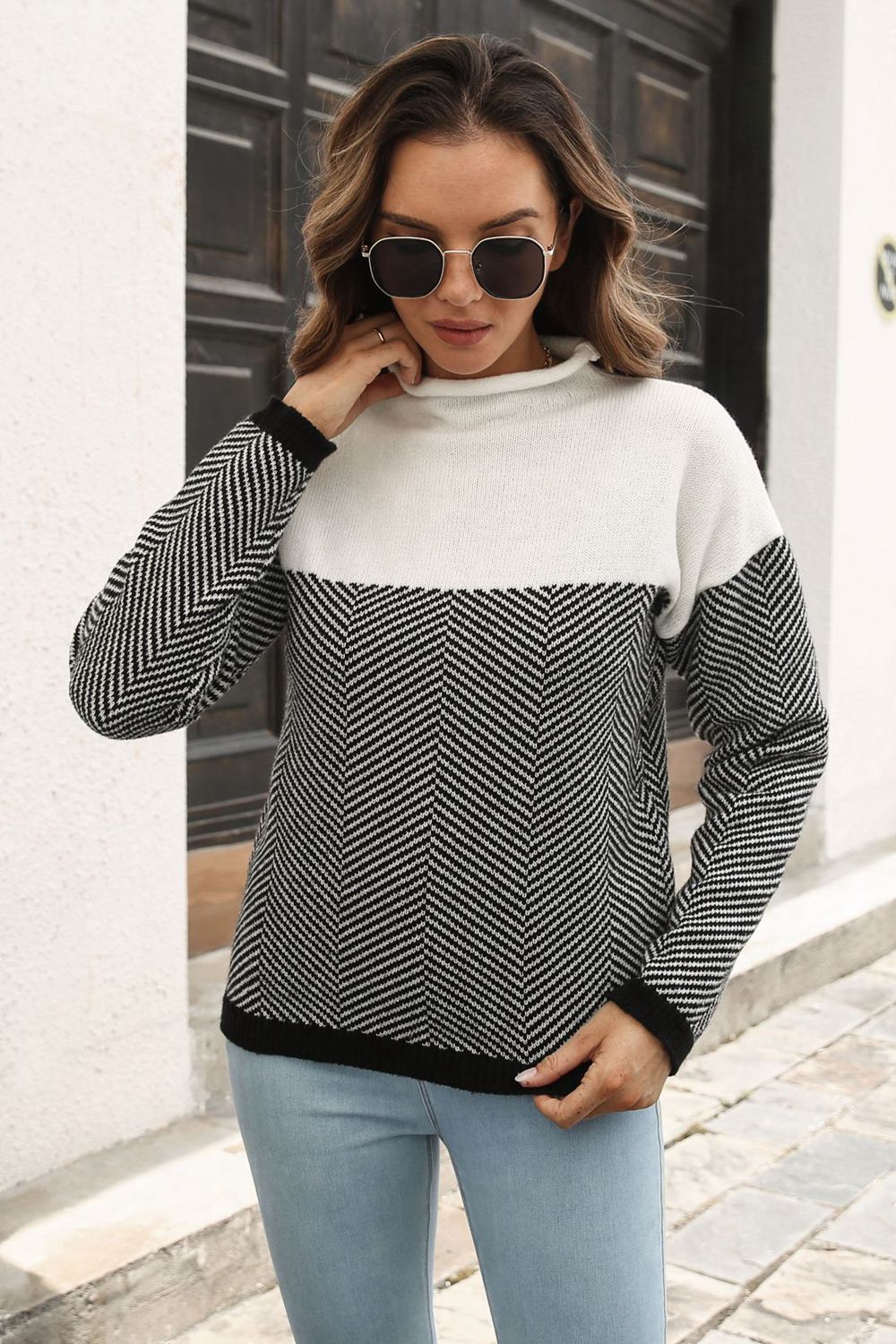 Two-Tone Mock Neck Dropped Shoulder Pullover Sweater