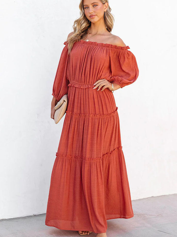 Ruffle Trim Off Shoulder Long Sleeve Maxi Dress