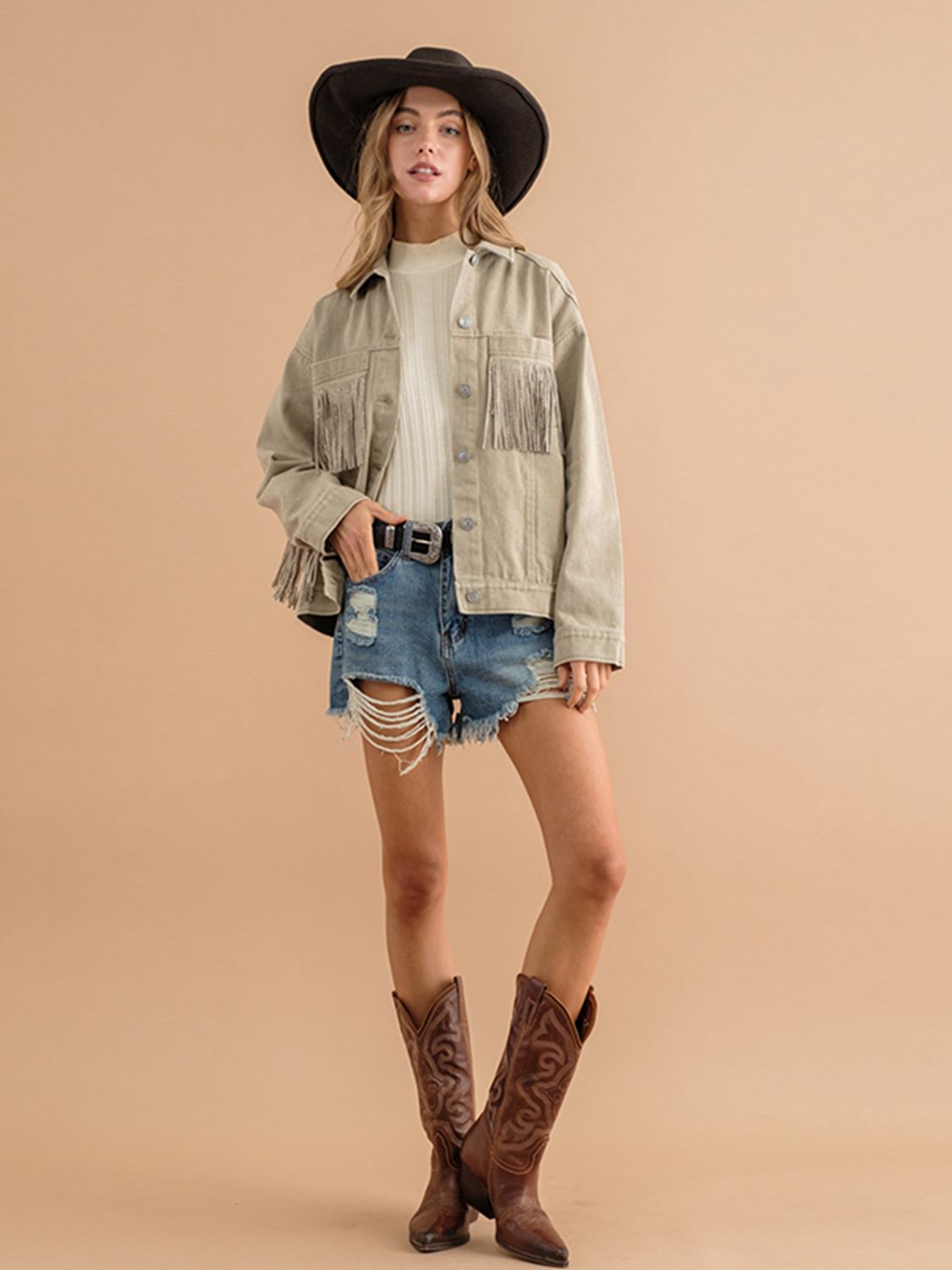 Fringe Detail Dropped Shoulder Denim Jacket