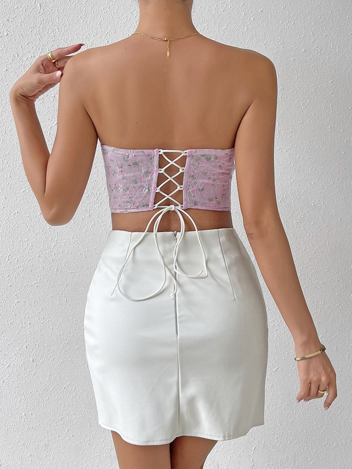 Floral Lace-Up Strapless Bustier