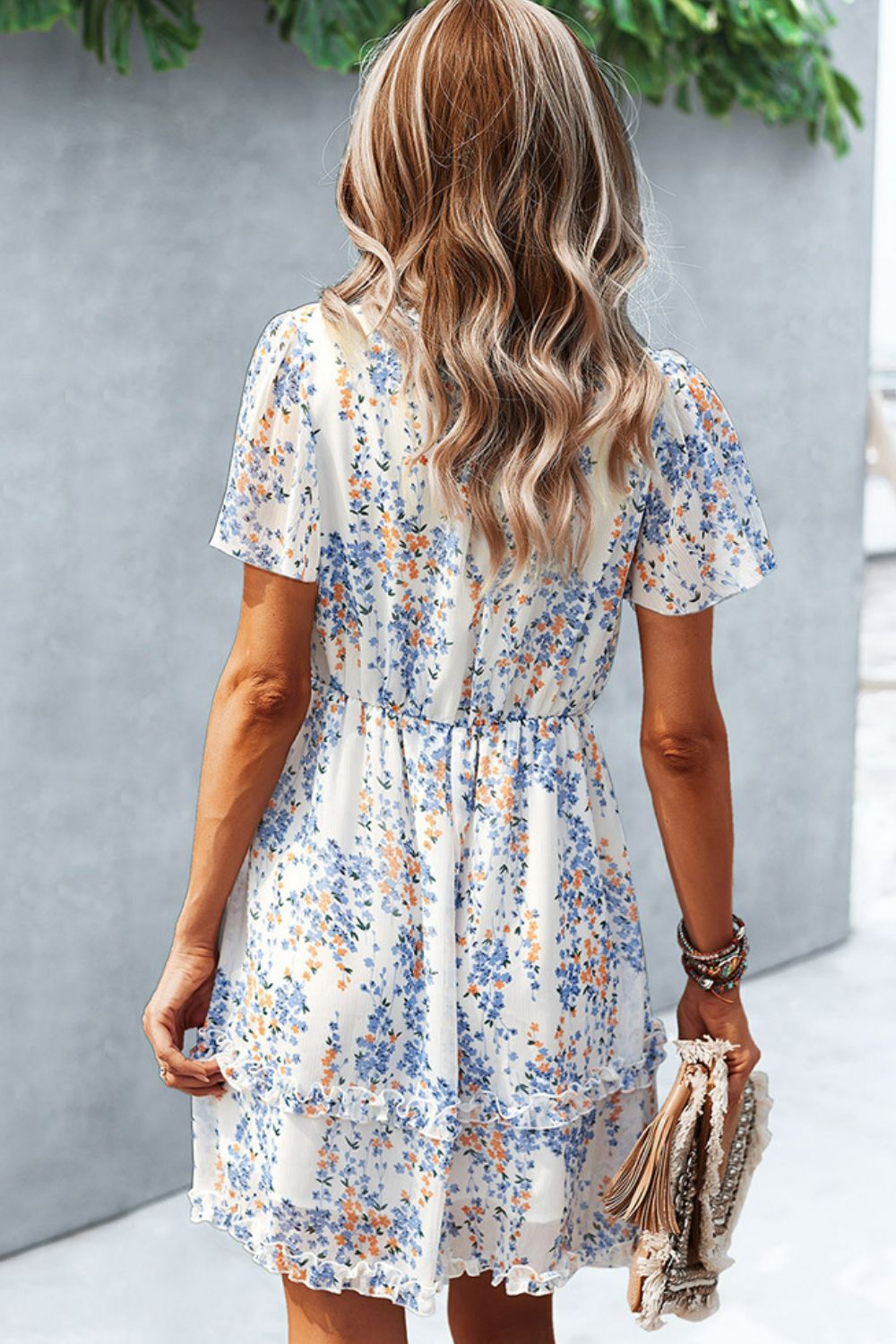 Printed Flutter Sleeve V-Neck Dress