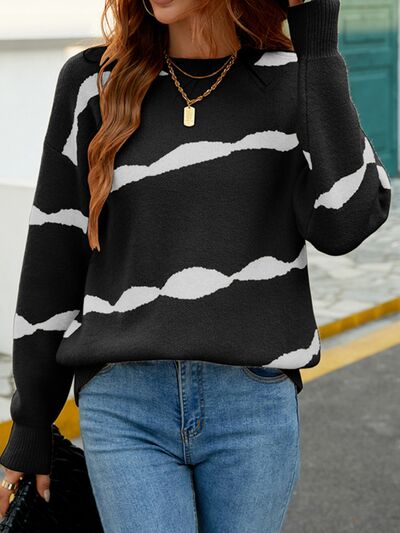 Striped Round Neck Dropped Shoulder Sweater