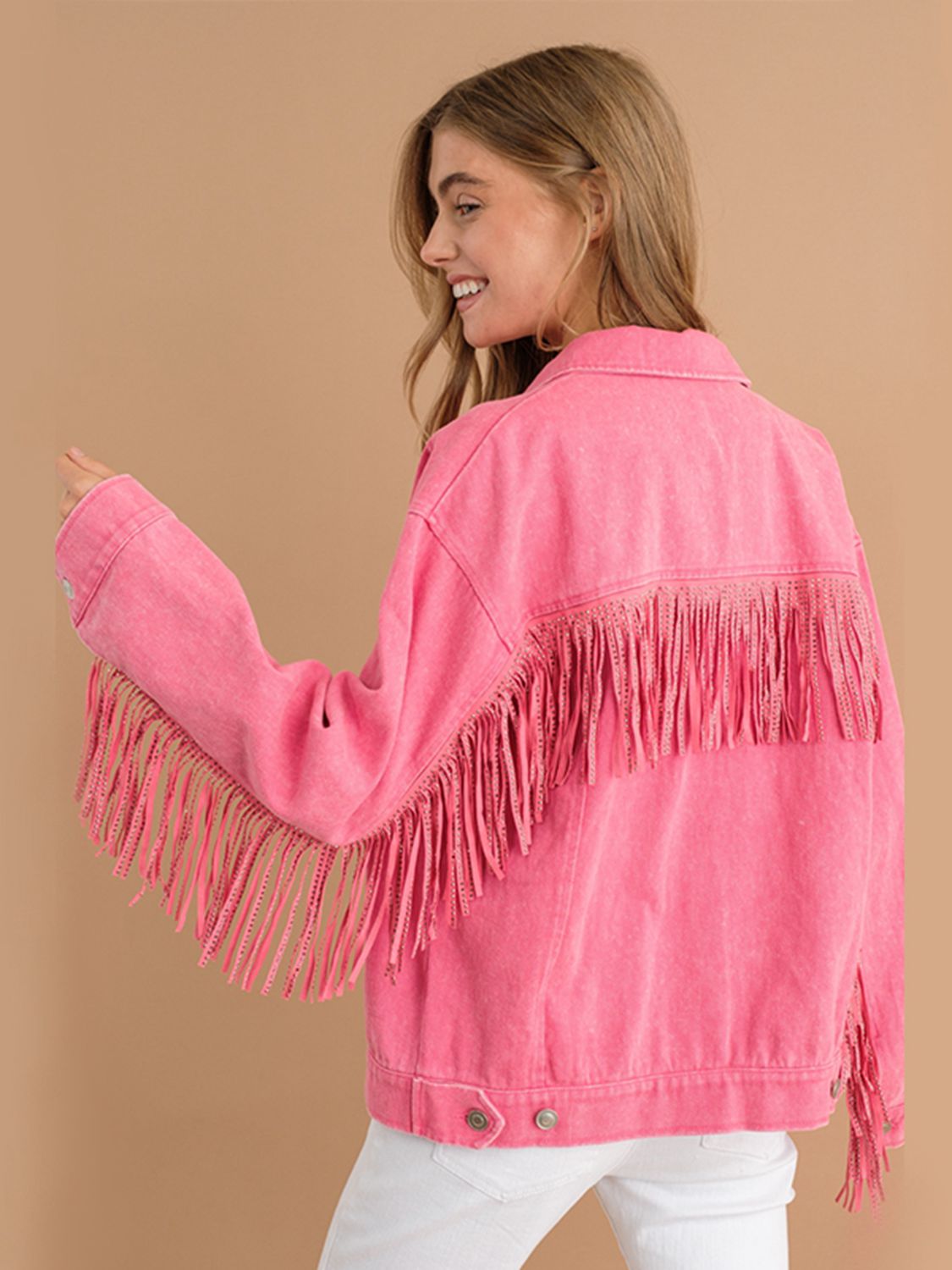 Fringe Detail Dropped Shoulder Denim Jacket