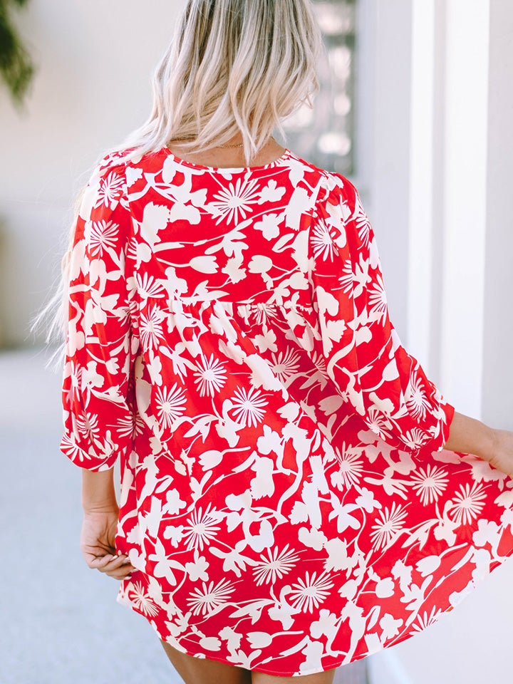 Floral Print Notched Neck Mini Dress