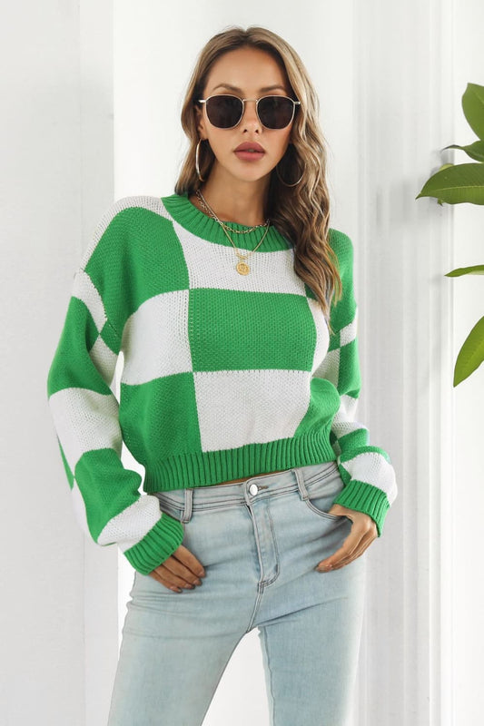 Color Block Round Neck Dropped Shoulder Sweater