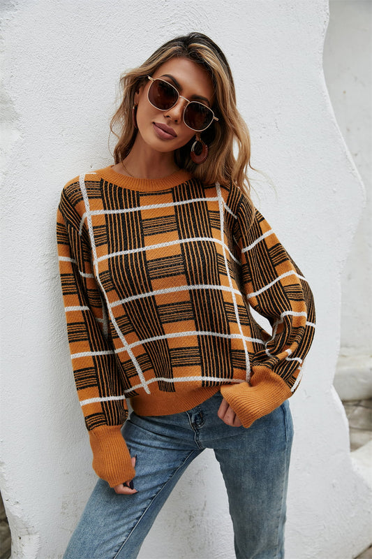 Printed Round Neck Dropped Shoulder Sweater