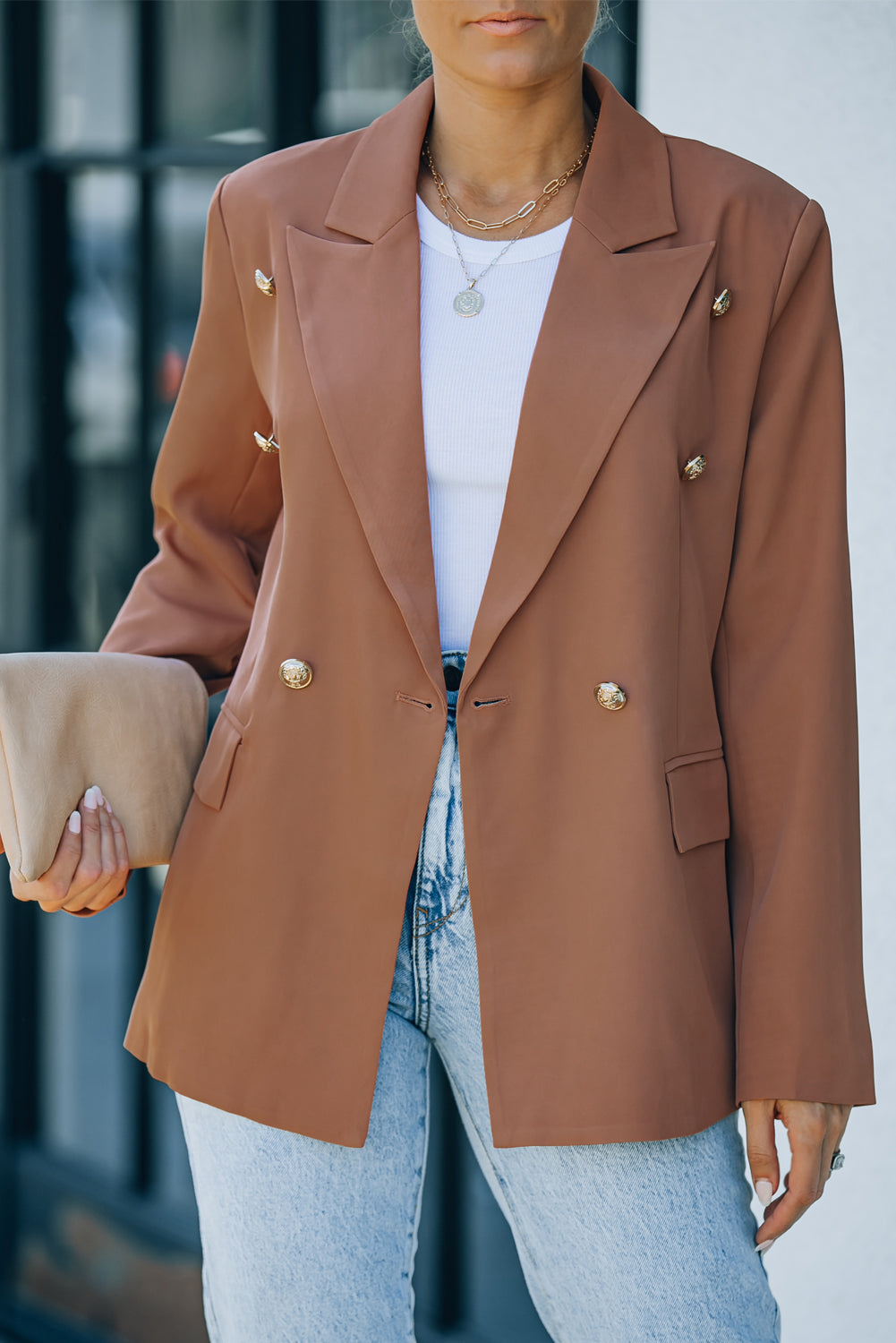 Double-Breasted Lapel Collar Long Sleeve Blazer