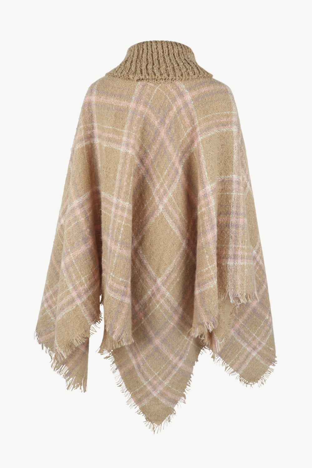 Plaid Turtleneck Fringe Hem Poncho