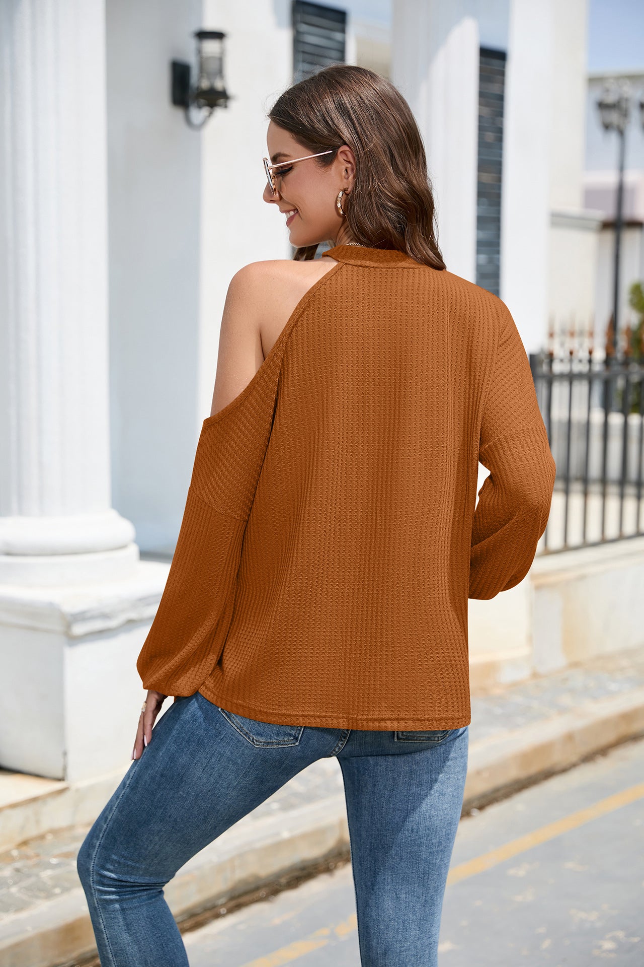 Asyemmetrial Lantern Sleeve Waffle-knit Blouse