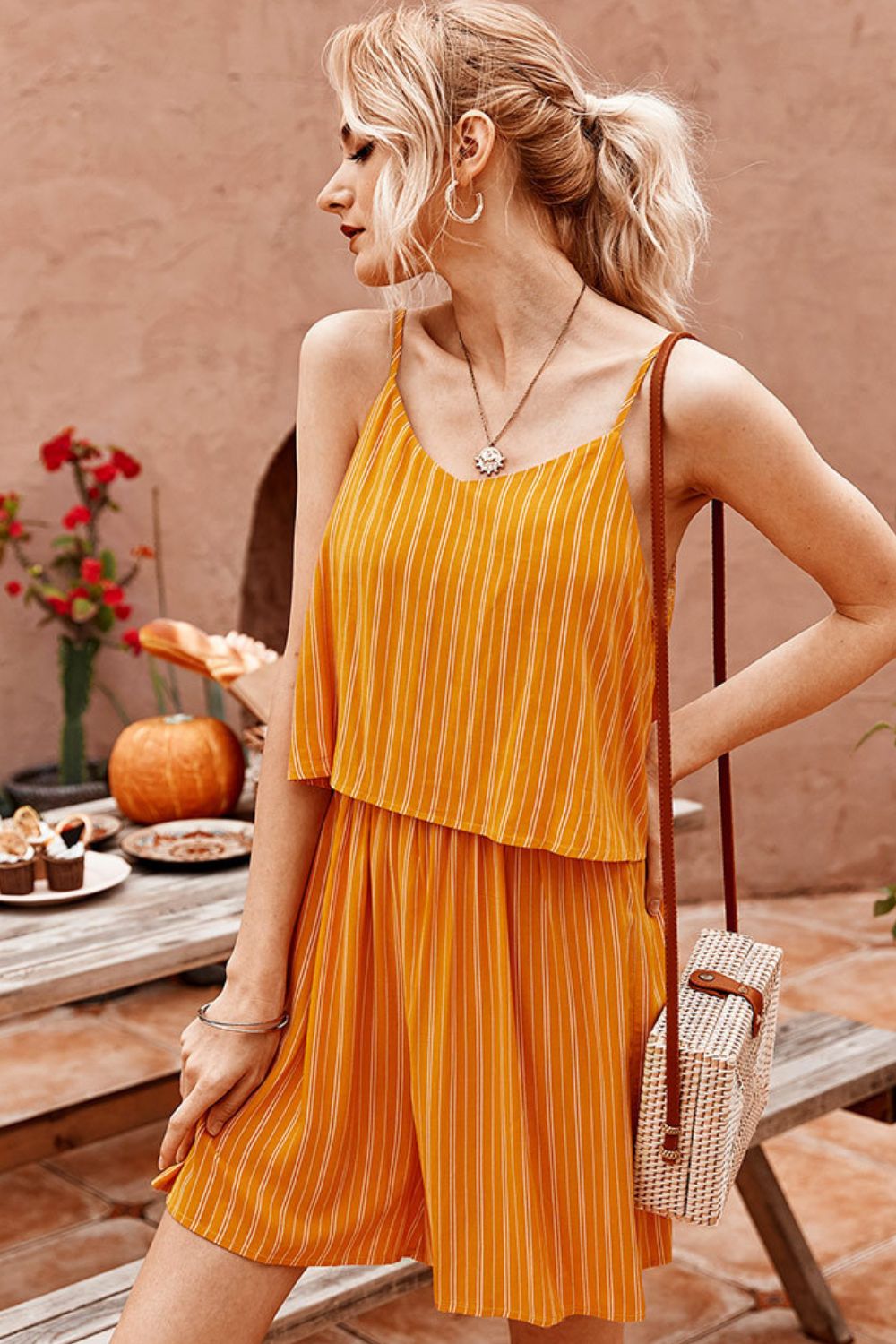 Striped Spaghetti Strap V-Neck Romper